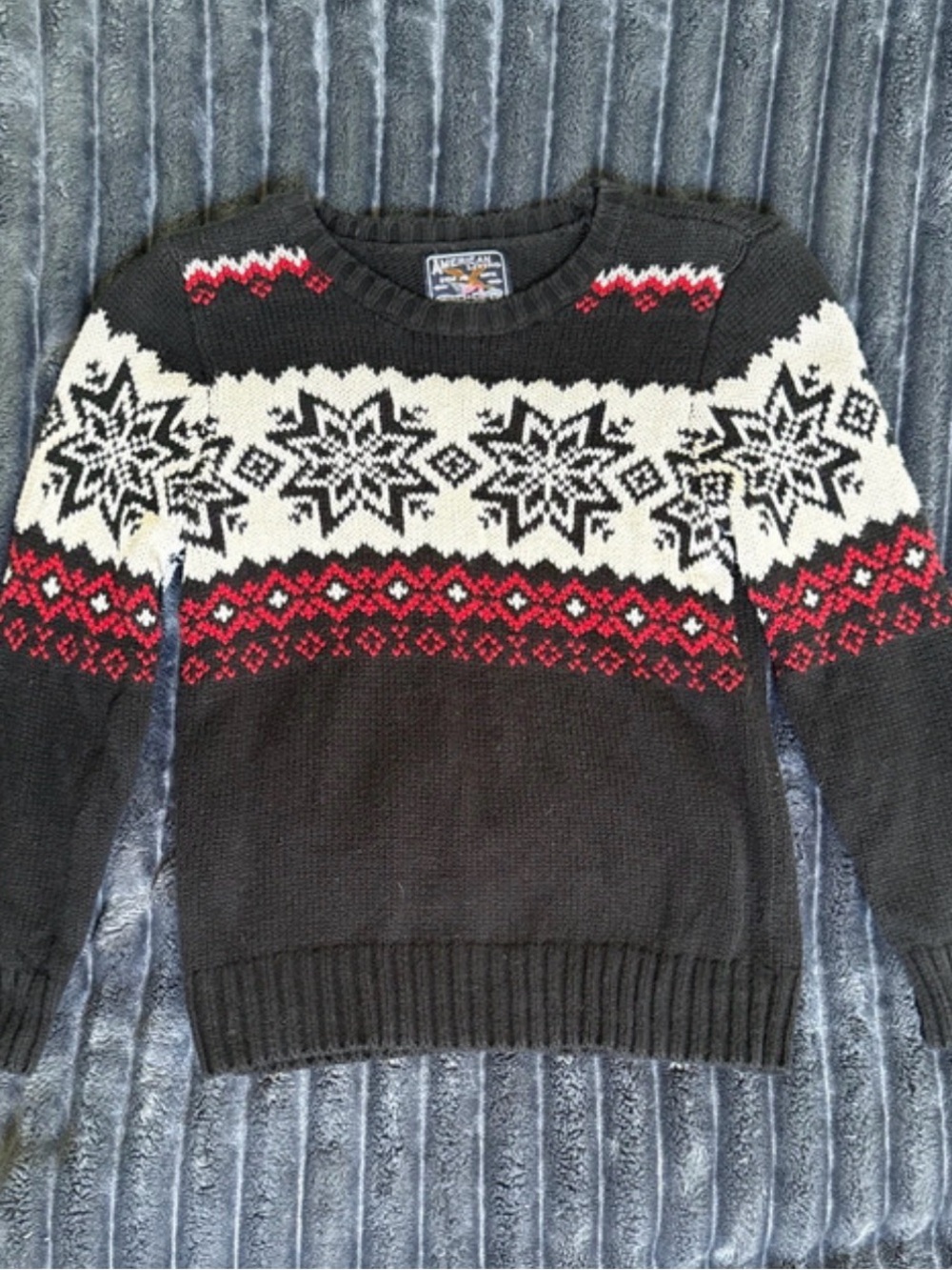 American Living Black Knit Fair Isle Sweater with Red & White Pattern 100% Cotto